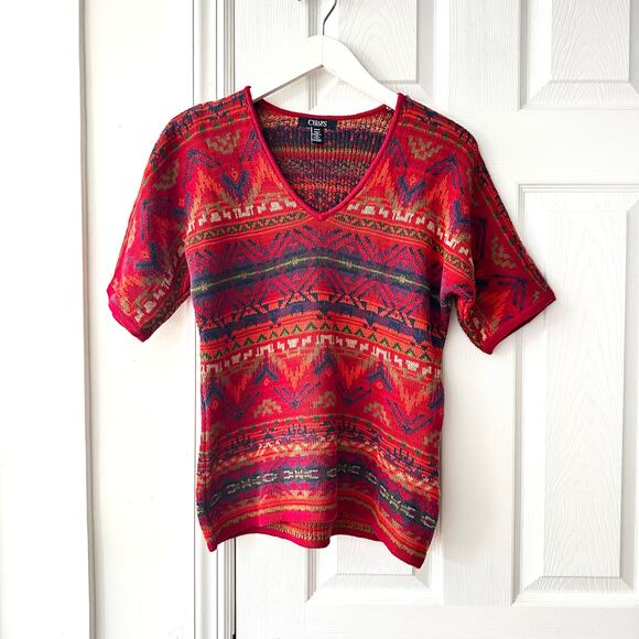 Chaps Denim Vintage Red Aztec Southwestern V Neck Cotton Blend Sweater Medium - Picture 1 of 8